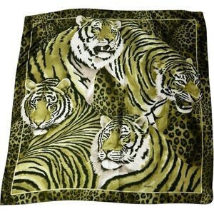 Vintage Tiger Print Scarf Olive Green Animal Print Satin Square Scarf Symphony